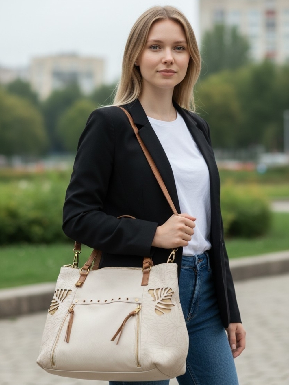 The Sak White Leather Monstera Leaf Cutout Tote - Picture 1 of 11